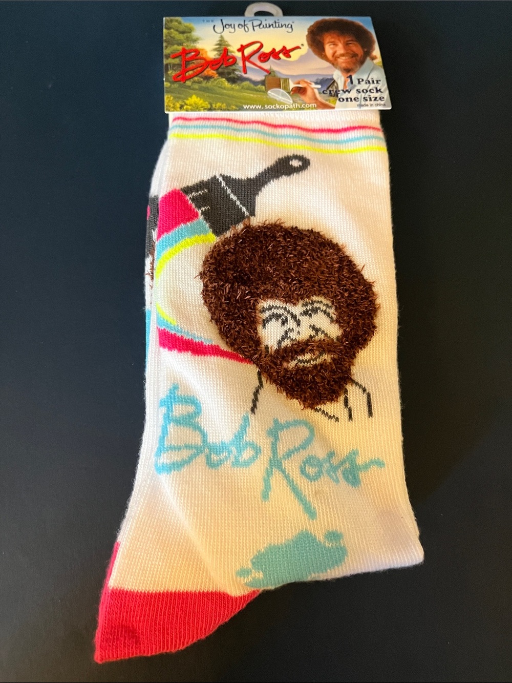 Bob Ross Men’s White Crew Socks with Neon Accents